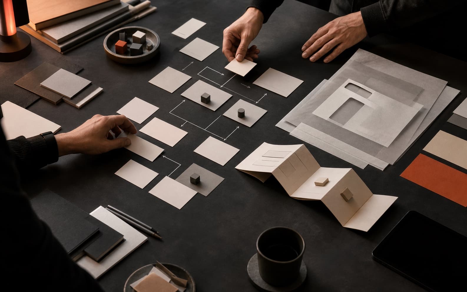 Dark design studio table where hands arrange blank journey cards, tactile touchpoint blocks, tracing-paper layouts, and a folded content structure before screen design.