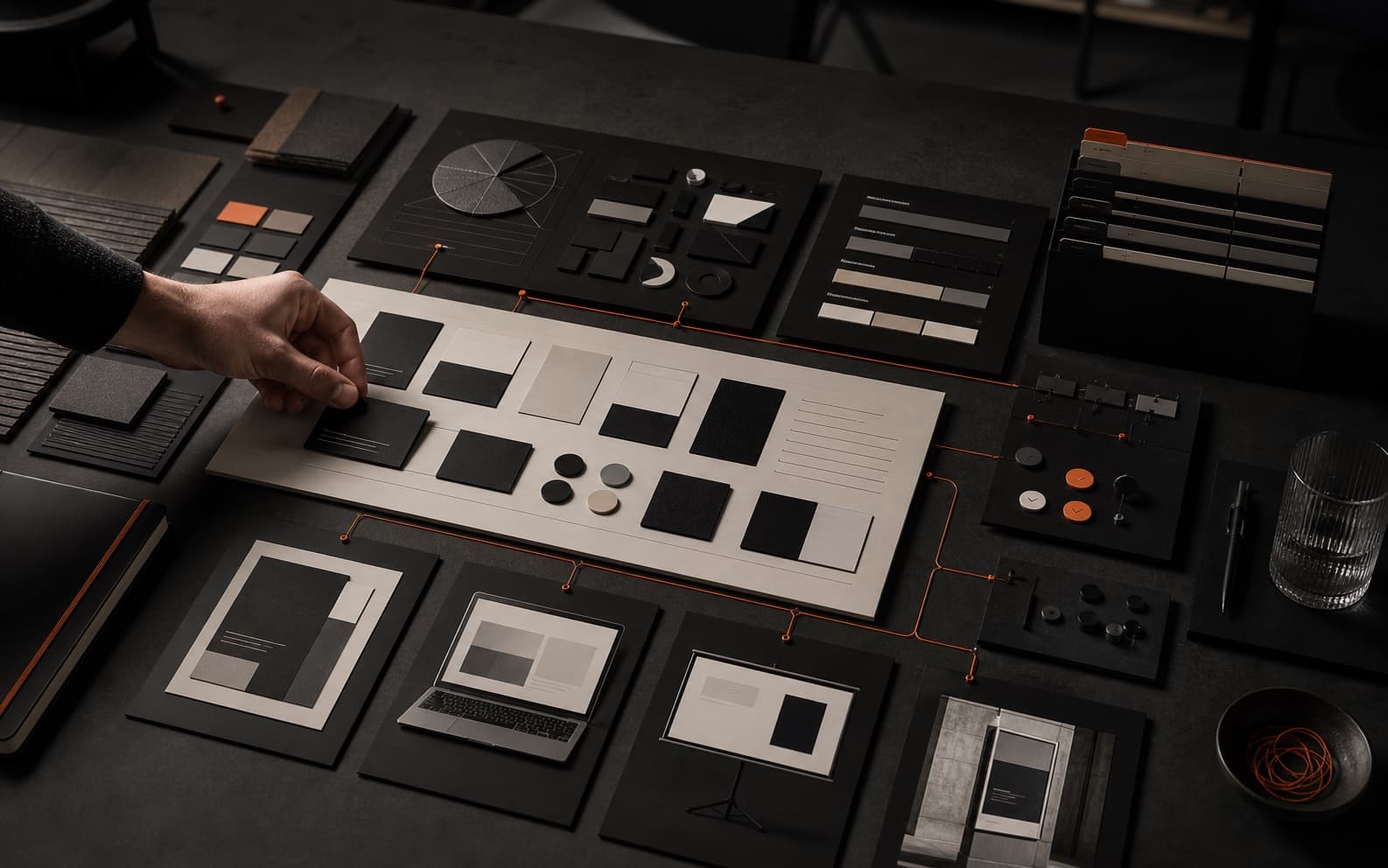 Dark design studio table with modular identity boards, type and color samples, template cards, approval markers, and orange routing lines being aligned by hand.