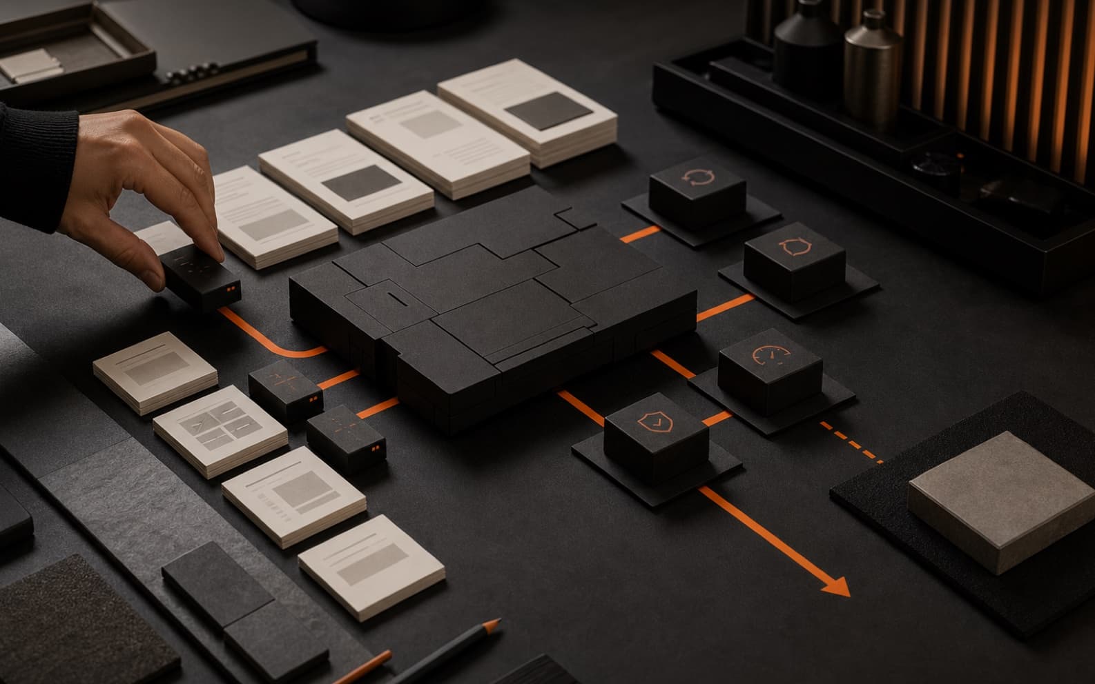 Dark web-production studio with a modular content core, off-white page cards, detachable plugin blocks, and orange maintenance routes connecting publishing and security stations.