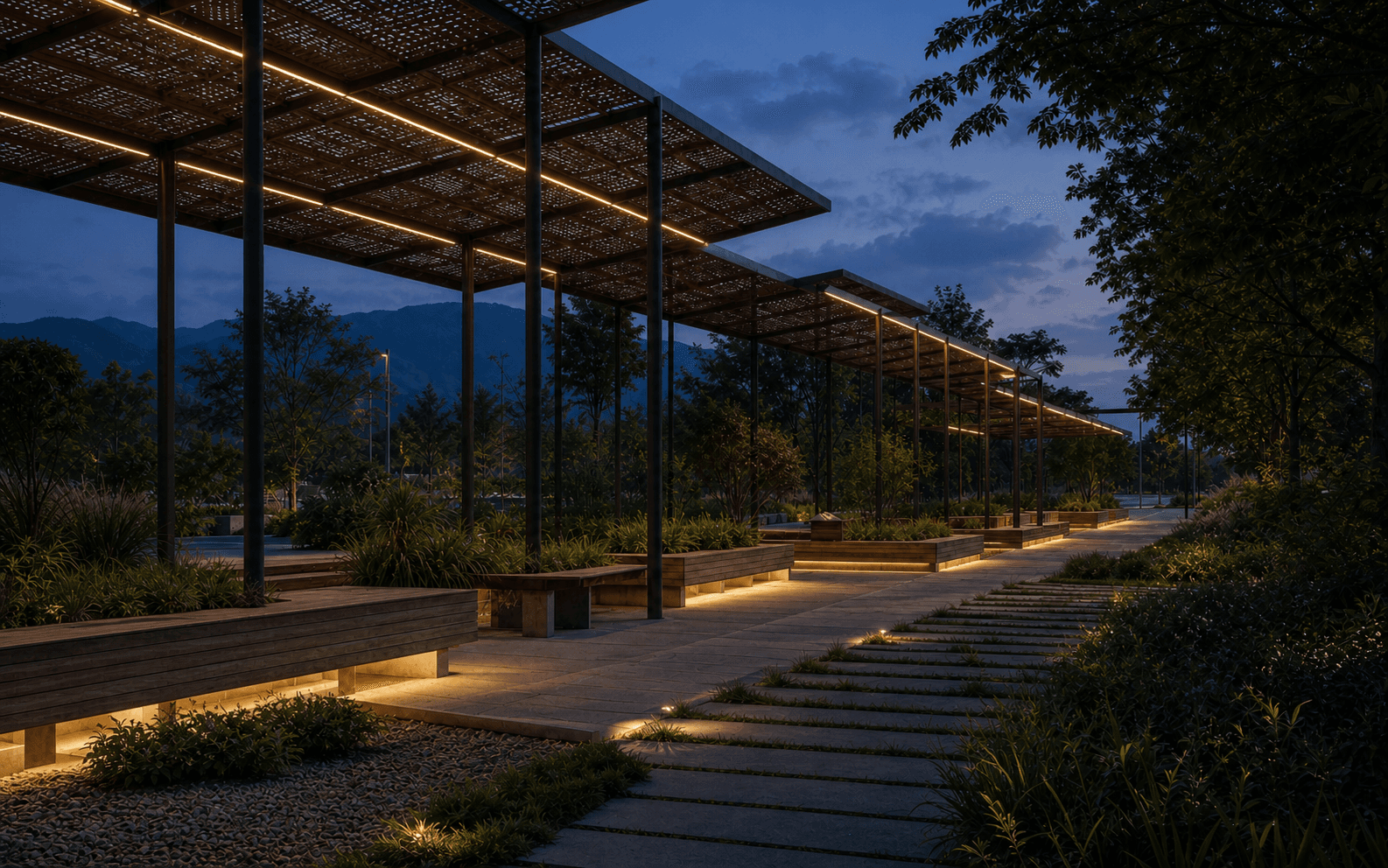 Blue-hour view of the continuous Canopy Commons bay system with low-glare lighting beneath the perforated roof and benches.