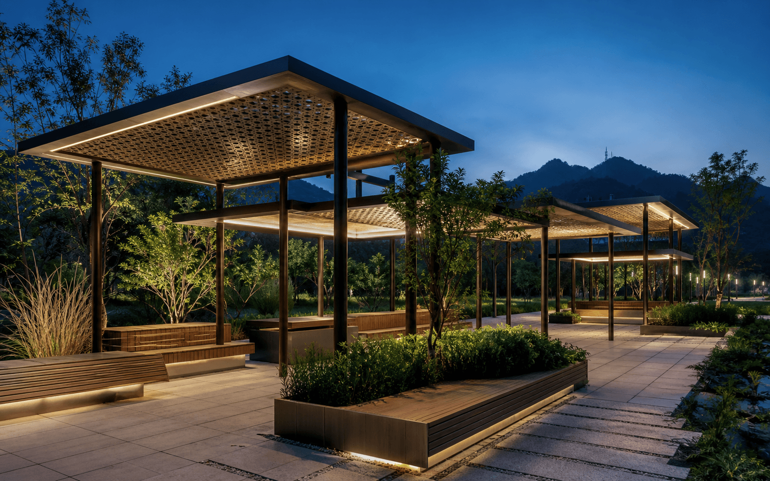 Photorealistic generated evening pavilion render with low-glare lighting, planted edges and a modular canopy sequence.