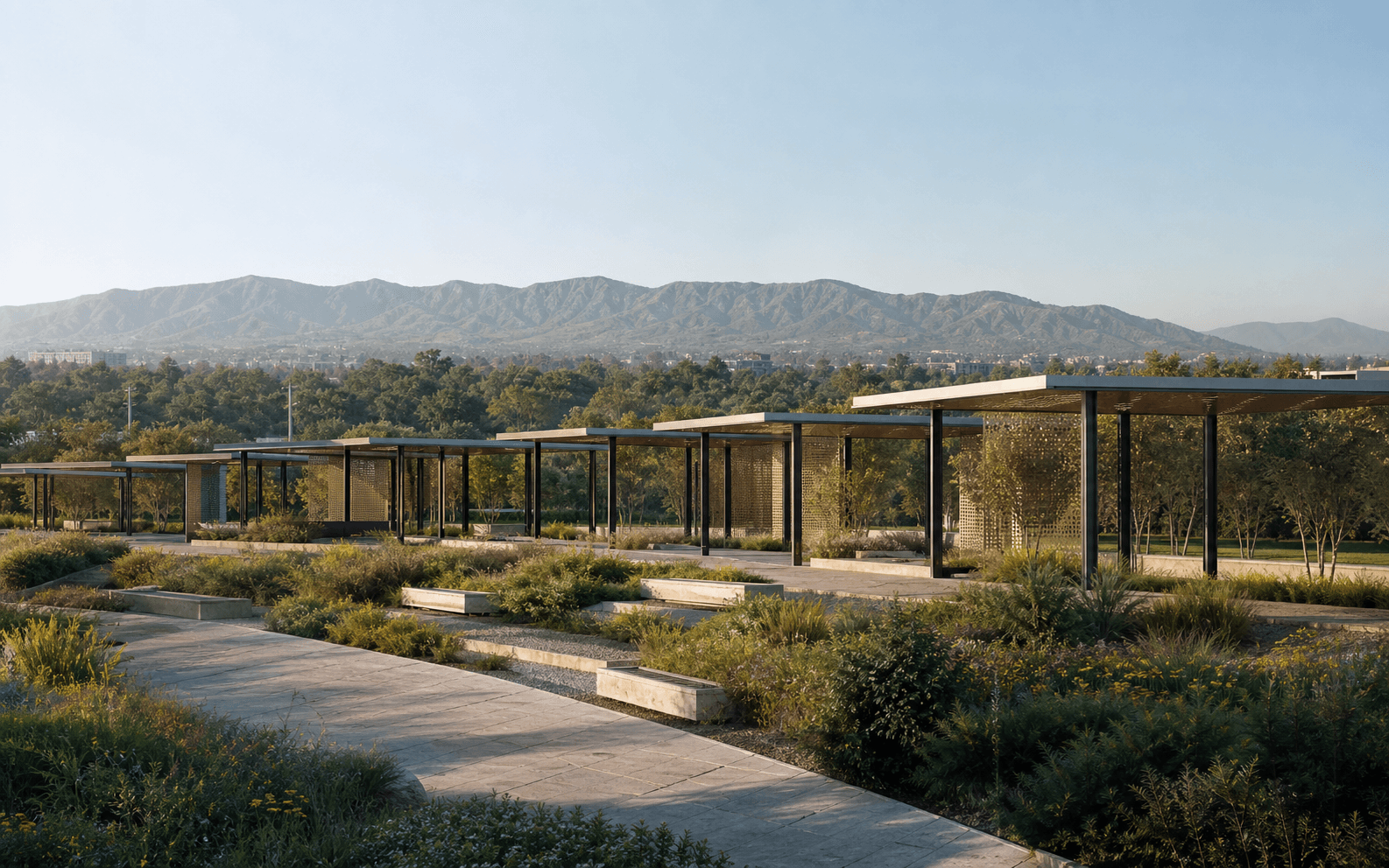 Photorealistic generated landscape-context render of the modular canopy system set within a planted greenbelt and distant hills.