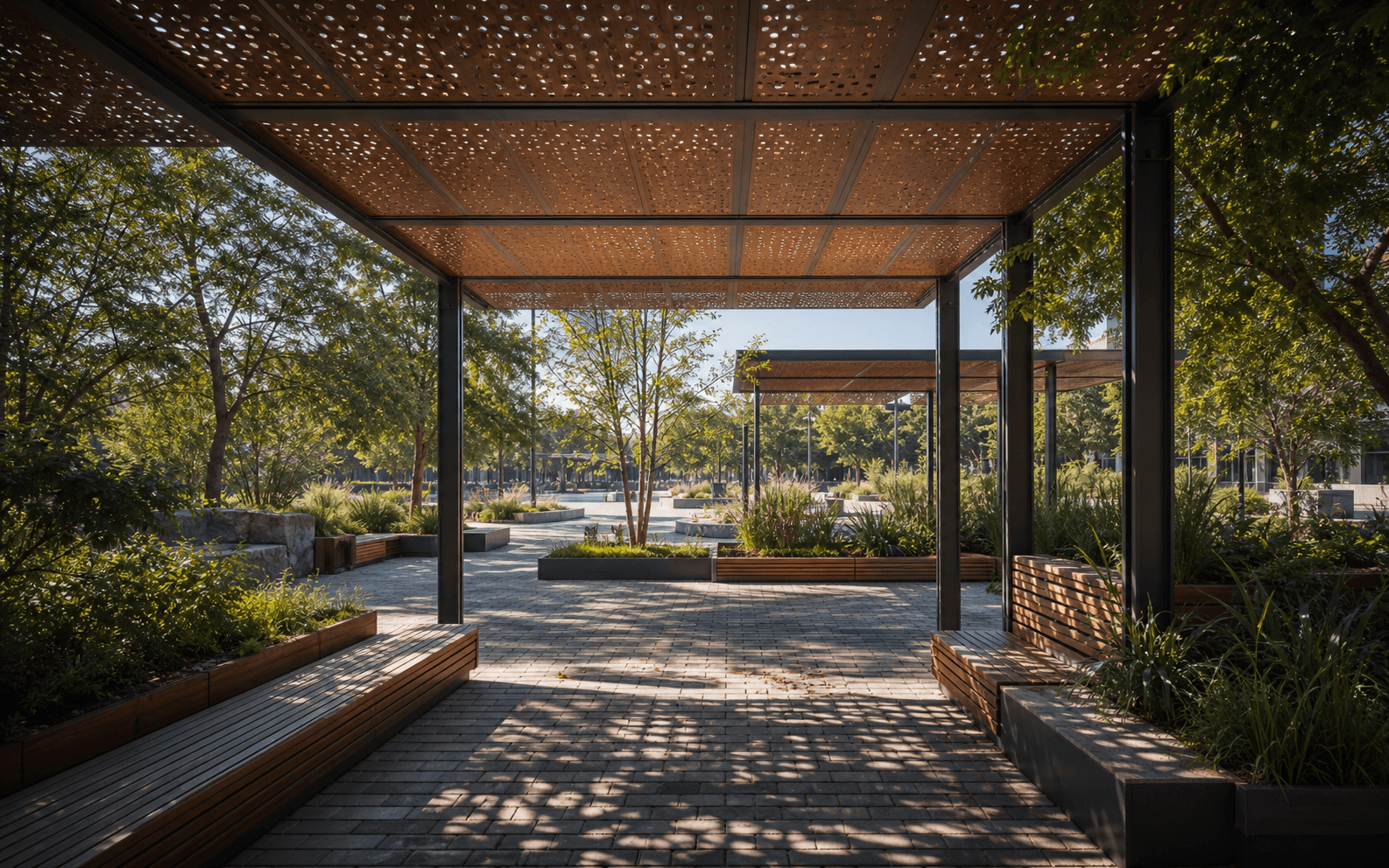 Photorealistic generated under-canopy render with perforated shade, patterned shadows, benches and planting.