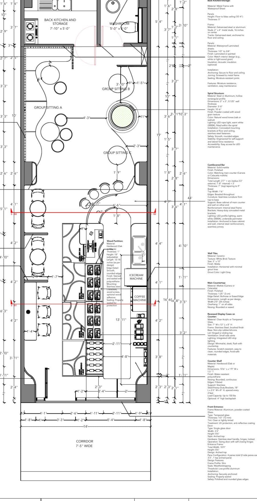 Cropped #Kurtos café floor plan showing seating, counter, back kitchen, washroom and circulation zones.