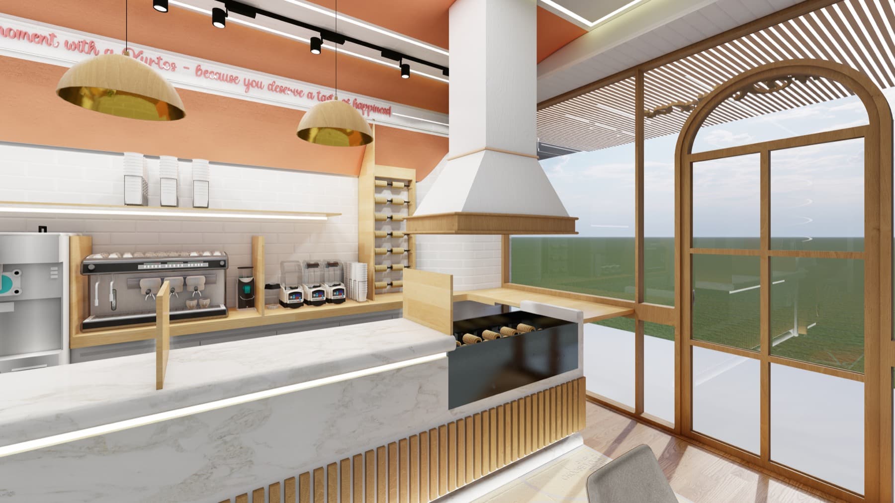 #Kurtos café seating area with curved banquette, small tables and warm wall lighting.
