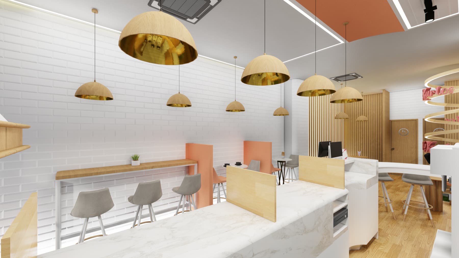 #Kurtos café counter view with display service zone, timber cladding and pendant lighting.