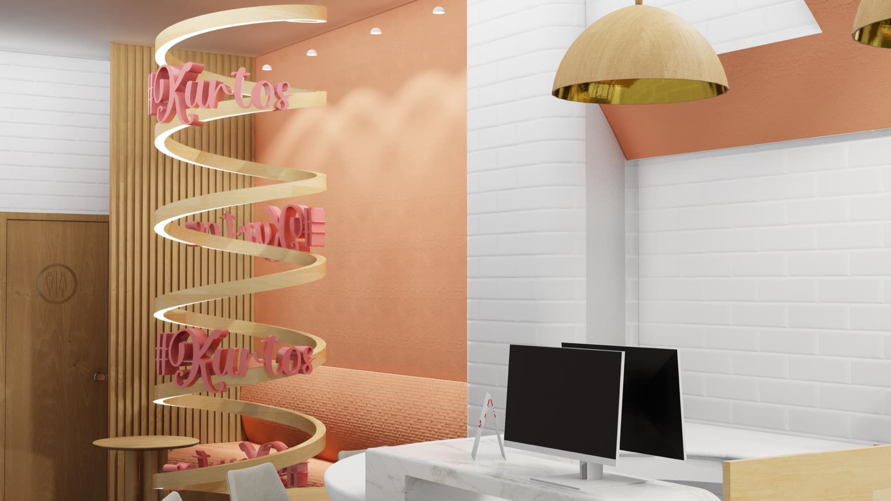 #Kurtos café interior view with timber arches, white brick surfaces and integrated lighting.
