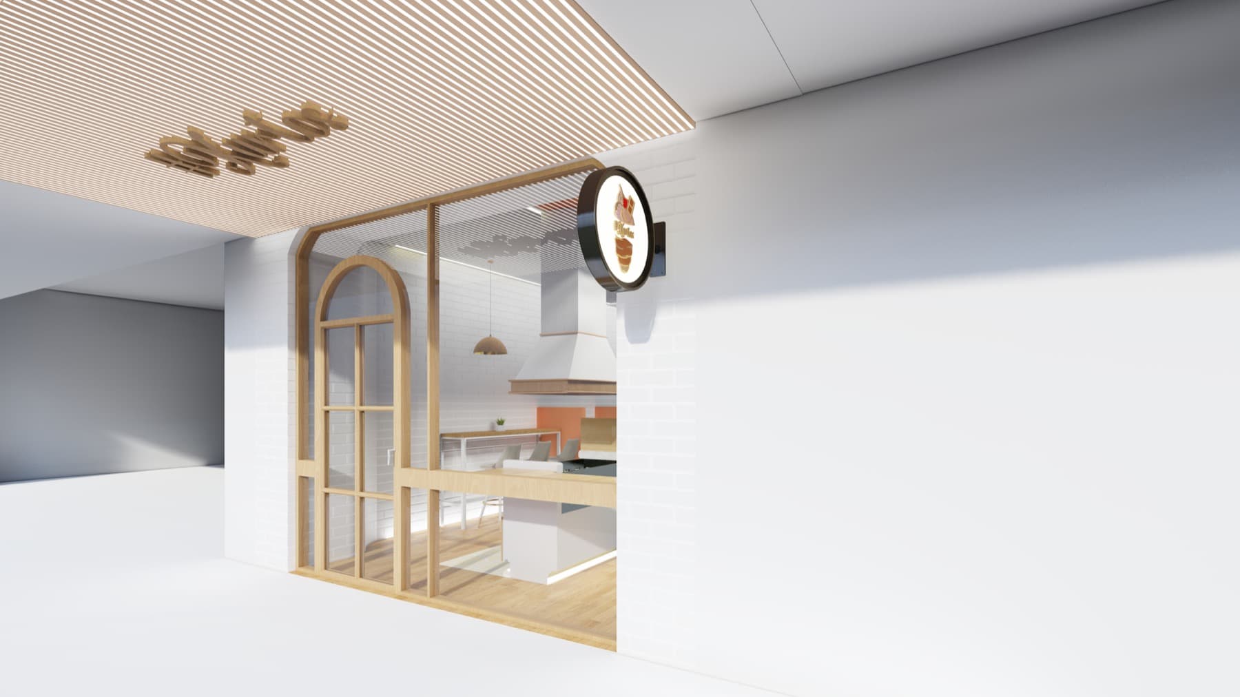 #Kurtos café seating render with timber wall treatment, pendant lights and soft neutral furniture.