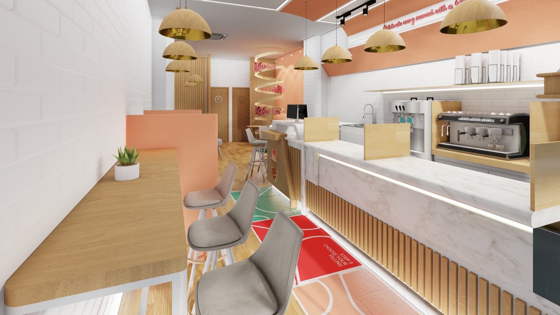 #Kurtos café render focused on display shelving and illuminated interior feature.
