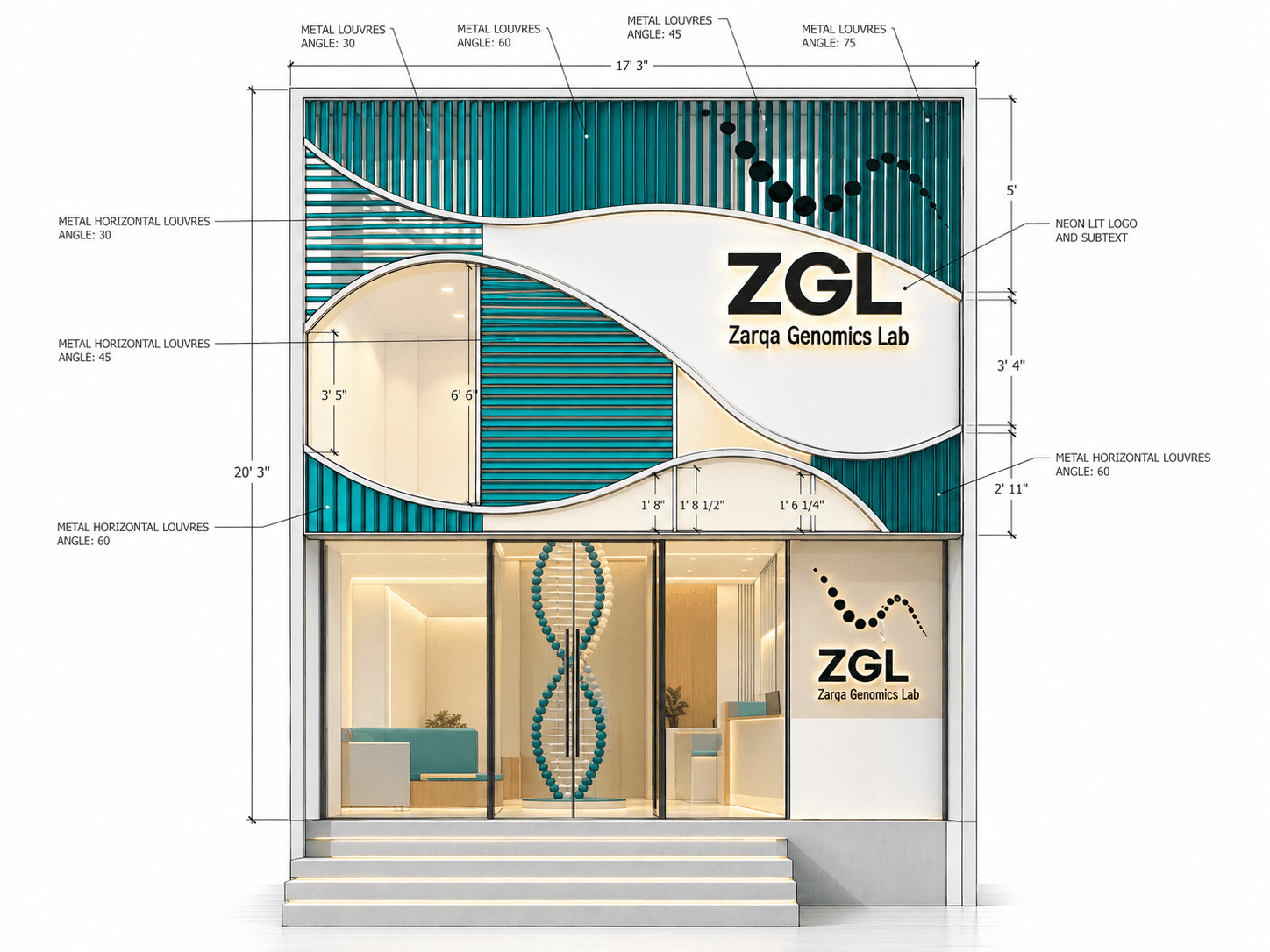Clean public presentation elevation of the Zarqa Genomics Lab façade showing the louvre field, curved white bands, dimensions and integrated identity without a private drawing seal.