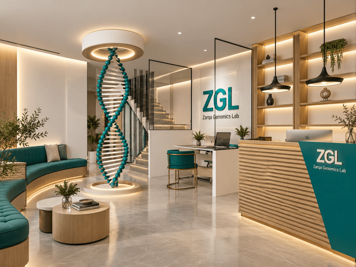 Alternative ZGL reception visualisation with the DNA-inspired centrepiece, teal seating, warm timber shelving and glass partitions.