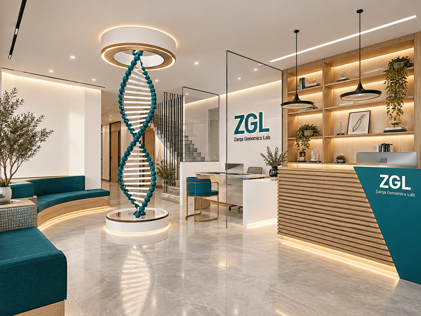 Realistic design visualisation of the Zarqa Genomics Lab reception and waiting environment with teal seating, timber reception joinery and a central DNA-inspired installation.