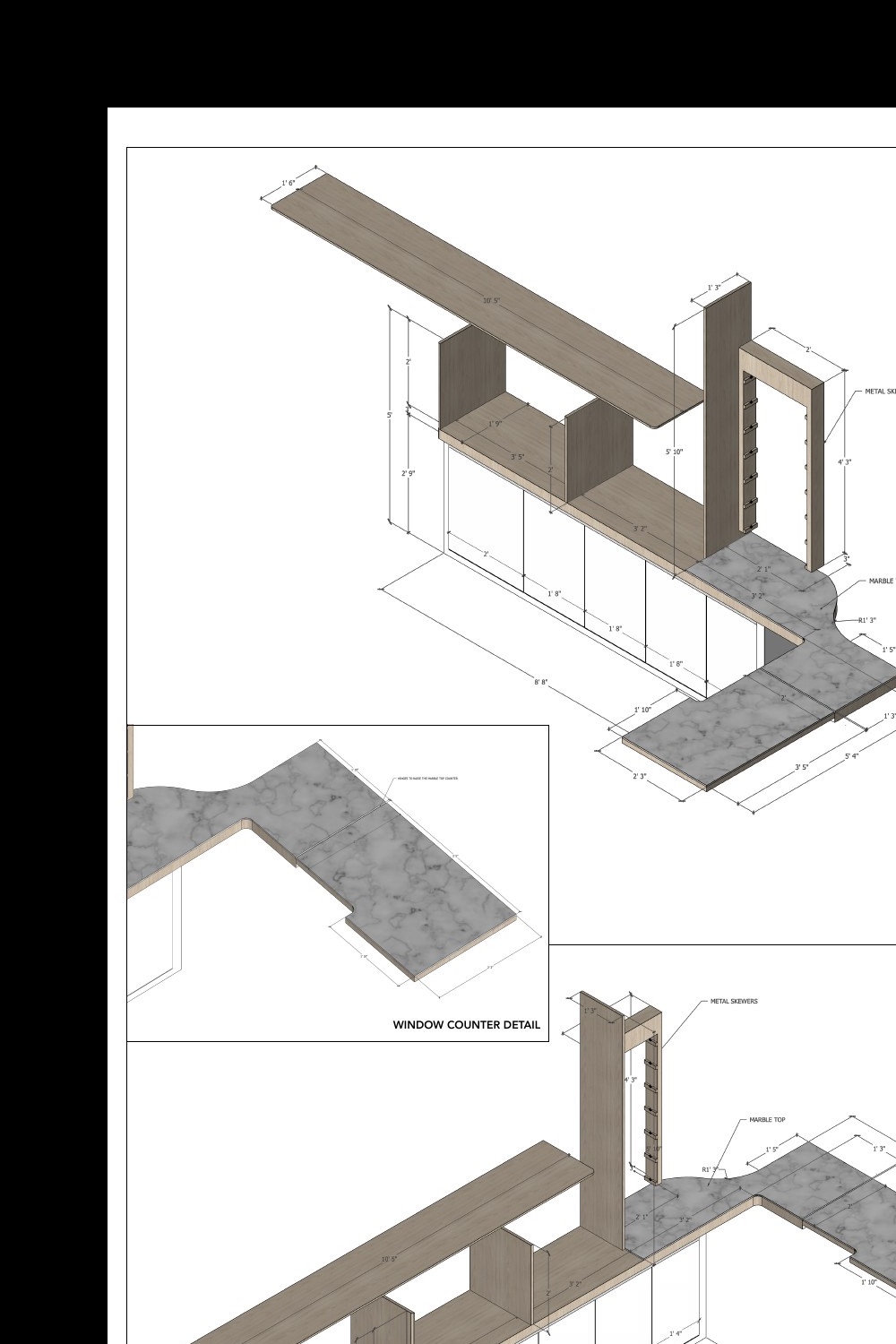 Cropped Kurtos back counter drawing with shelving, storage, panel notes and service-side dimensions.