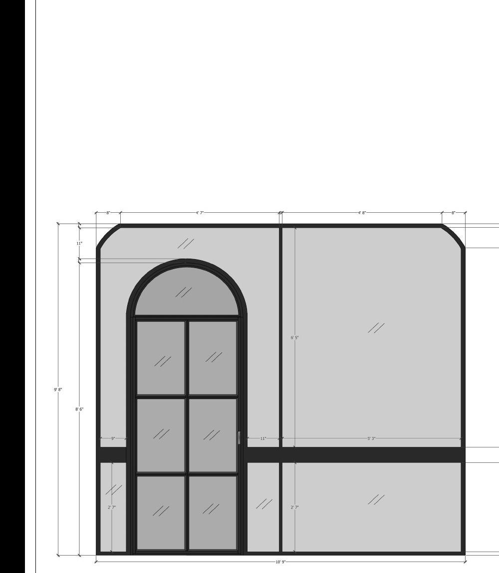 Cropped Kurtos entrance door drawing showing arched glazing, mullions, side glazing and dimensions.