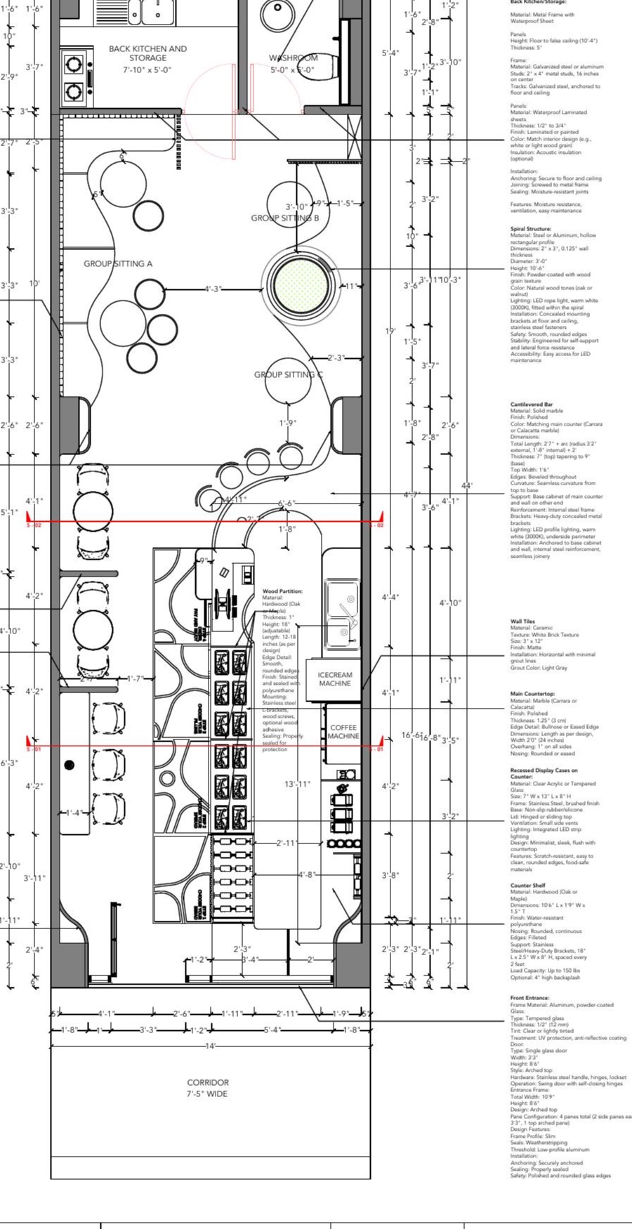 Cropped Kurtos cafe floor plan showing seating, service counter, back kitchen, washroom and circulation zones.