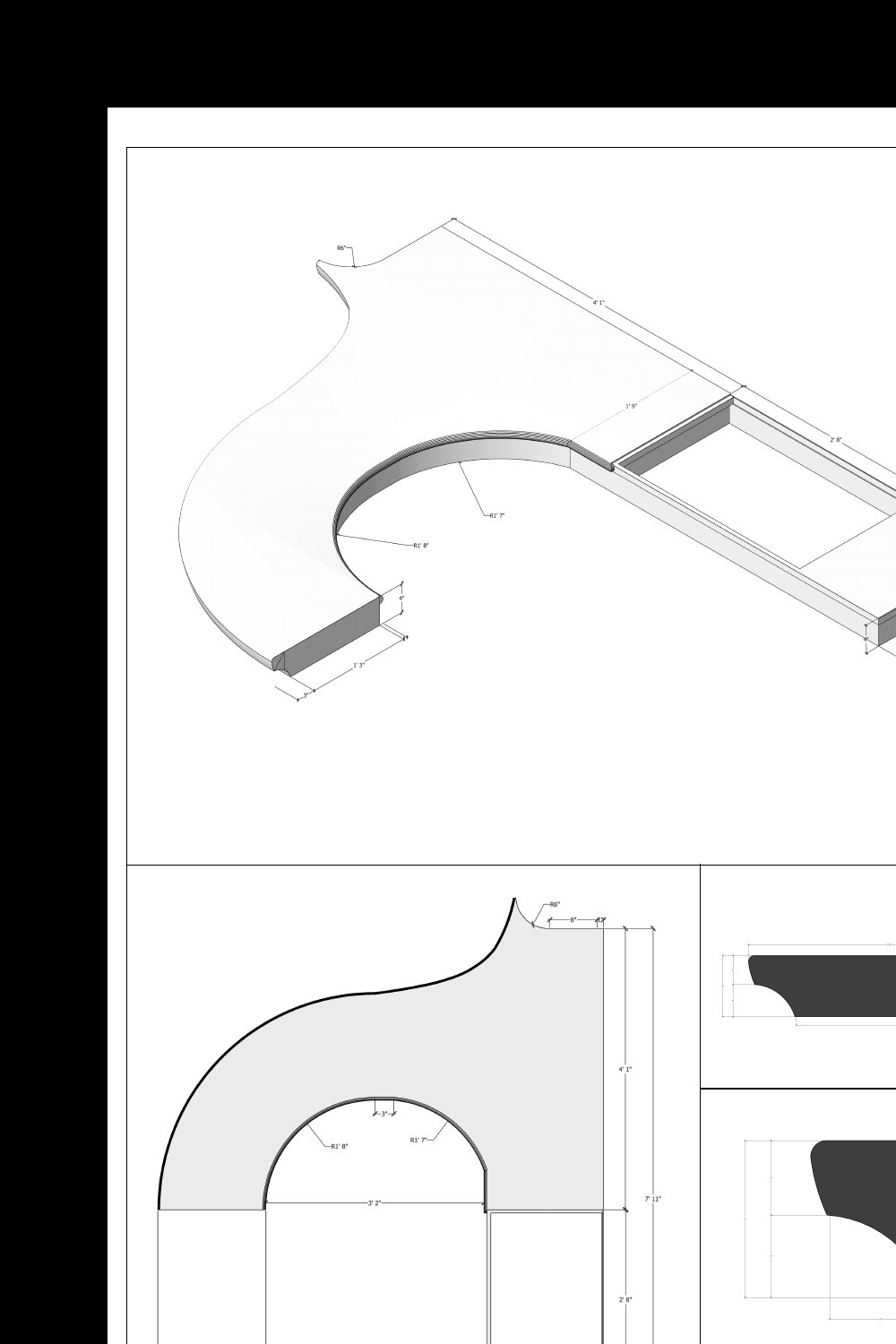Cropped Kurtos marble bar counter drawing with curved counter geometry, material notes and dimensions.