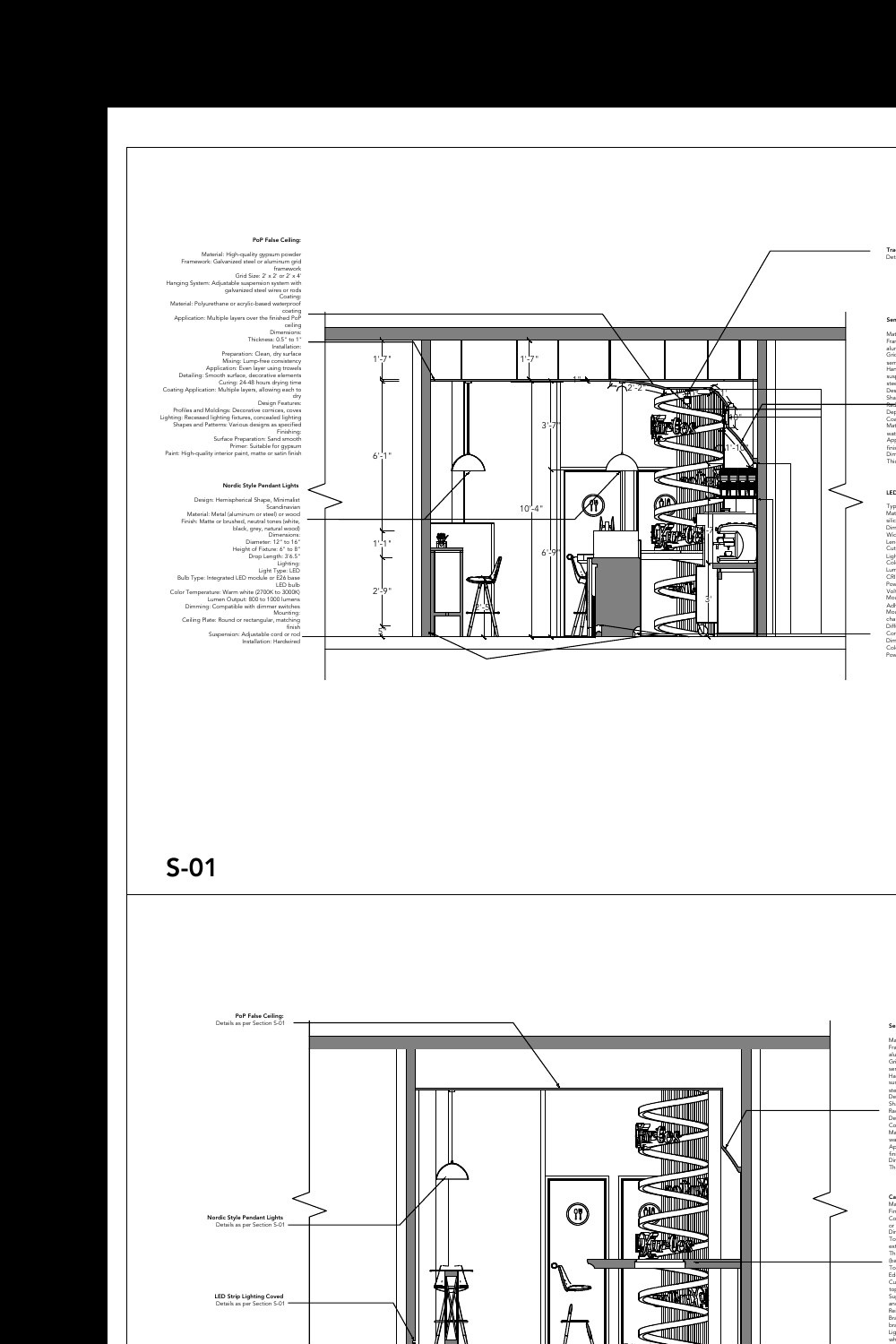 Cropped Kurtos sections showing wall heights, seating edges, counter relationships and vertical feature coordination.
