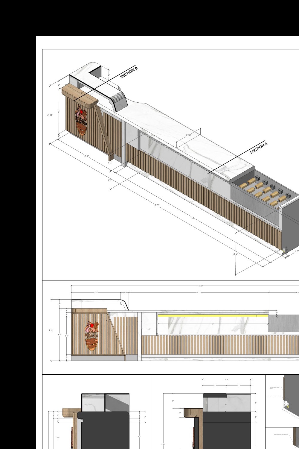 Cropped Kurtos serving counter drawing with material notes, dimensions and counter detailing.