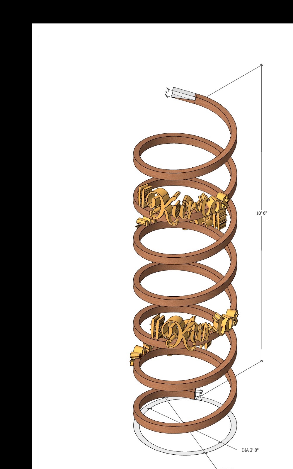 Cropped Kurtos spiral structure drawing showing the illuminated timber spiral feature, brand lettering and key dimensions.