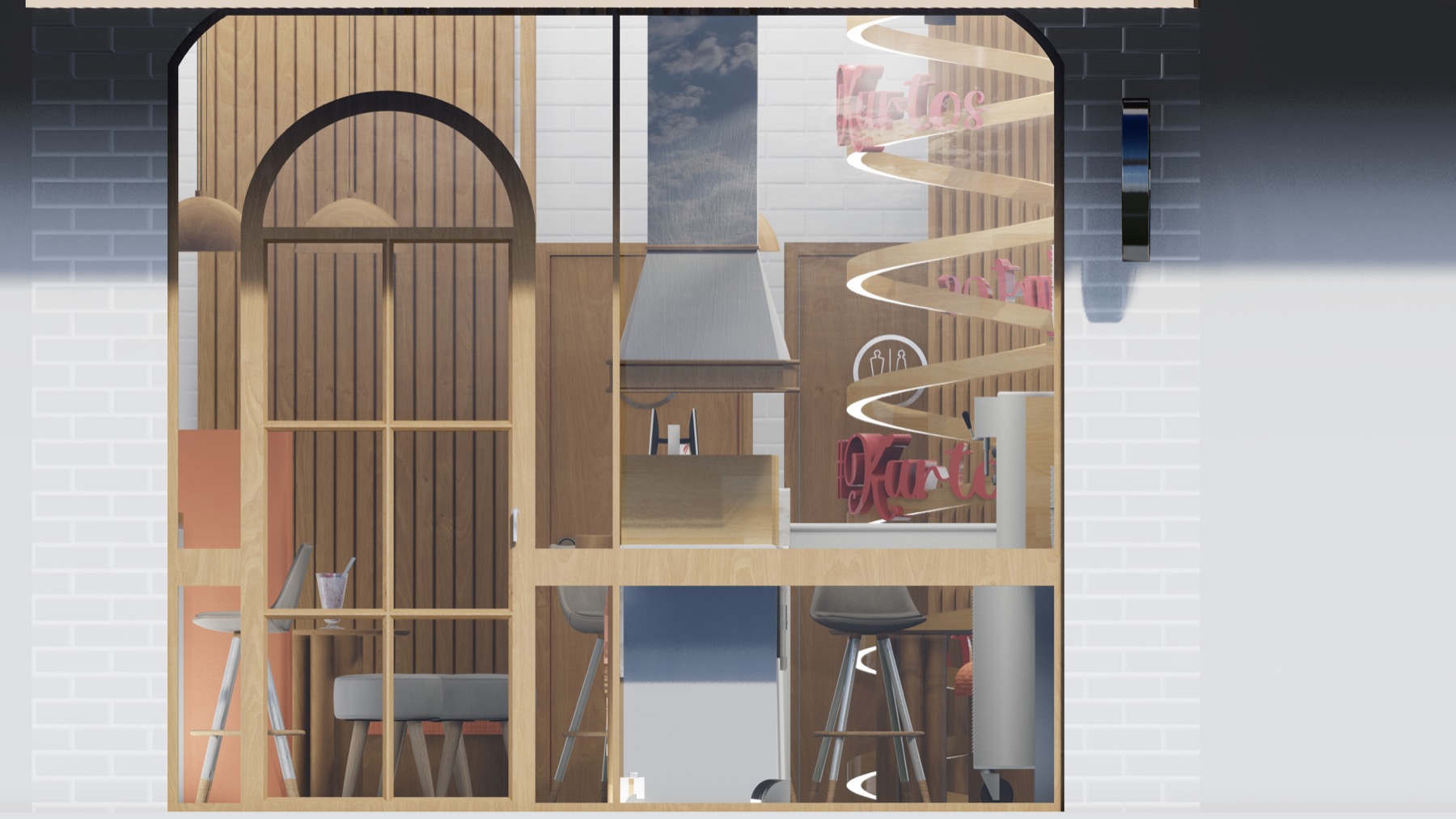 Kurtos design visualisation showing the arched street-facing frontage, timber surfaces and product display concept.